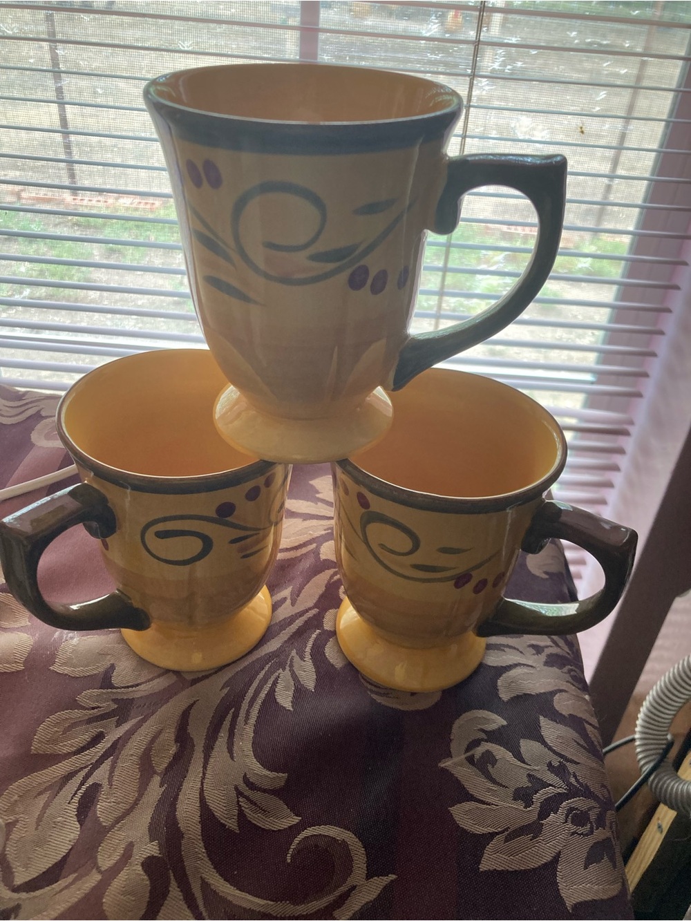 Set of 3 Yellow Ceramic Pedestal Mugs with Hand-Painted Blue Accents